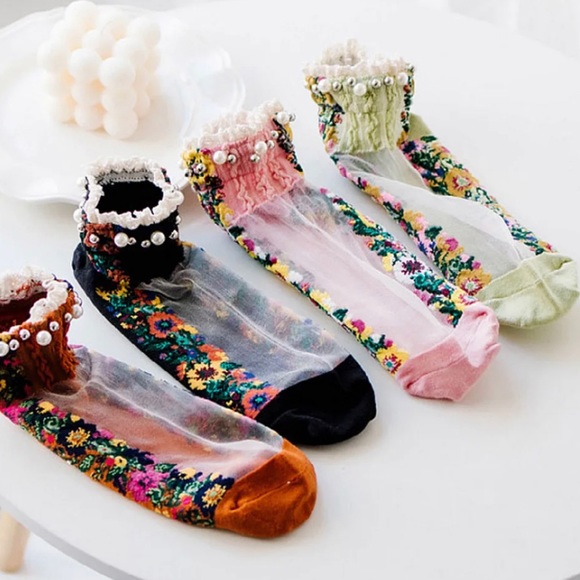 New! Embroidered Dark Florals Sheer Socks And Faux Pearls - Picture 3 of 6